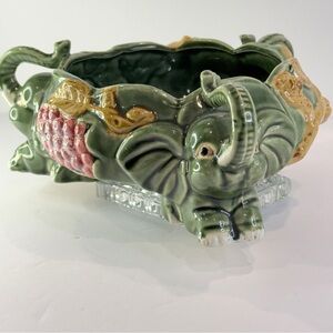 🐘 Majolica Triple Elephant Head Cachepot Planter Bowl 💚 Safari Jungle 🐘